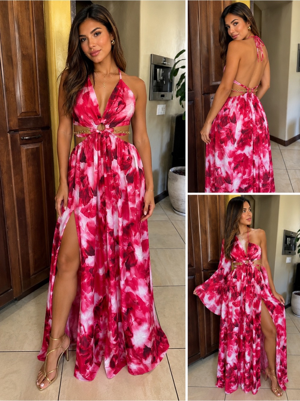 NWOT Women’s Pink Halter Floral Maxi Dress with Cutouts small